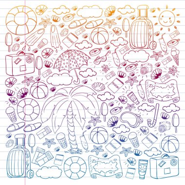 Vektör deseni. Yaz tatilleri. Seyahat ve maceralar. Plaj, okyanus, ada, güneş