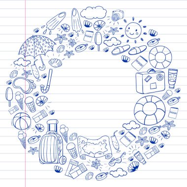 Vektör deseni. Yaz tatilleri. Seyahat ve maceralar. Plaj, okyanus, ada, güneş