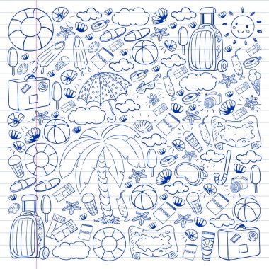 Vektör deseni. Yaz tatilleri. Seyahat ve maceralar. Plaj, okyanus, ada, güneş