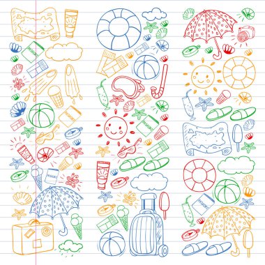 Vektör deseni. Yaz tatilleri. Seyahat ve maceralar. Plaj, okyanus, ada, güneş