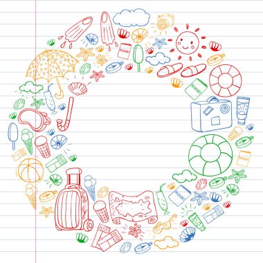 Vektör deseni. Yaz tatilleri. Seyahat ve maceralar. Plaj, okyanus, ada, güneş