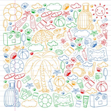 Vektör deseni. Yaz tatilleri. Seyahat ve maceralar. Plaj, okyanus, ada, güneş