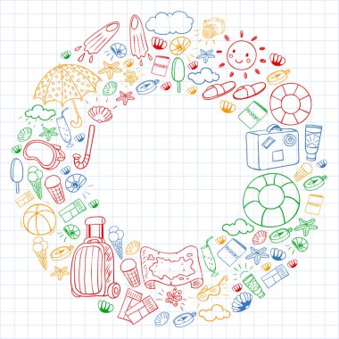 Vektör deseni. Yaz tatilleri. Seyahat ve maceralar. Plaj, okyanus, ada, güneş