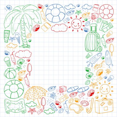 Vektör deseni. Yaz tatilleri. Seyahat ve maceralar. Plaj, okyanus, ada, güneş