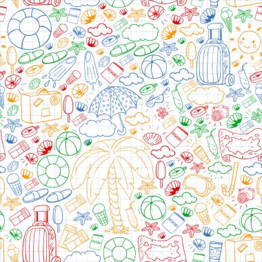 Vektör deseni. Yaz tatilleri. Seyahat ve maceralar. Plaj, okyanus, ada, güneş