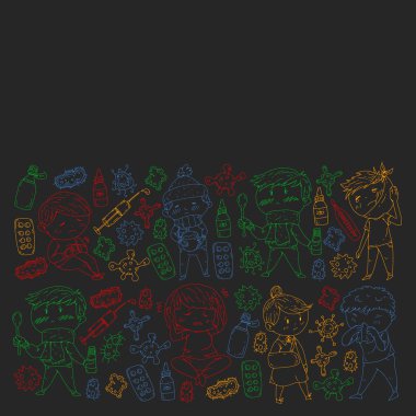 Küçük çocuklar ile vektör deseni. Çocuk hastalıkları, grip, hastalık İllüstrasyon