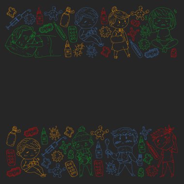 Küçük çocuklar ile vektör deseni. Çocuk hastalıkları, grip, hastalık İllüstrasyon