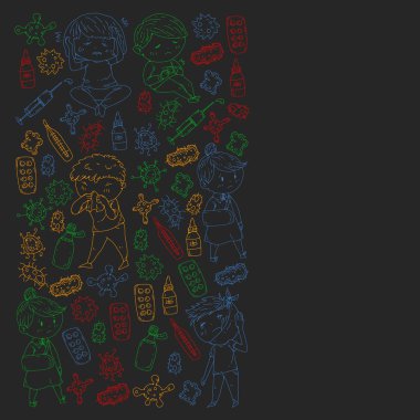 Küçük çocuklar ile vektör deseni. Çocuk hastalıkları, grip, hastalık İllüstrasyon