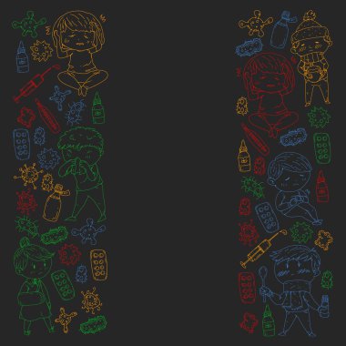 Küçük çocuklar ile vektör deseni. Çocuk hastalıkları, grip, hastalık İllüstrasyon