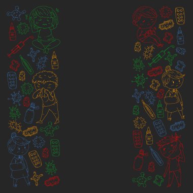 Küçük çocuklar ile vektör deseni. Çocuk hastalıkları, grip, hastalık İllüstrasyon