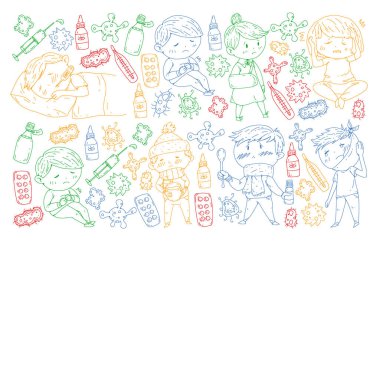 Küçük çocuklar ile vektör deseni. Çocuk hastalıkları, grip, hastalık İllüstrasyon