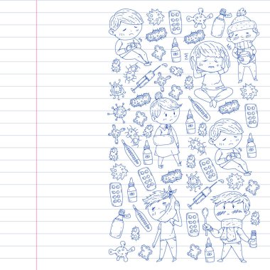 Küçük çocuklar ile vektör deseni. Çocuk hastalıkları, grip, hastalık İllüstrasyon