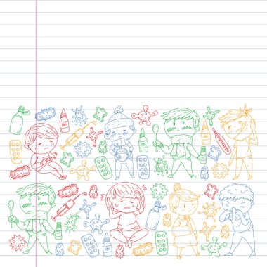 Küçük çocuklar ile vektör deseni. Çocuk hastalıkları, grip, hastalık İllüstrasyon