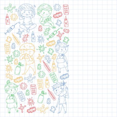 Küçük çocuklar ile vektör deseni. Çocuk hastalıkları, grip, hastalık İllüstrasyon