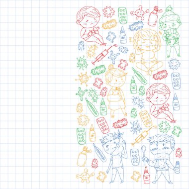 Küçük çocuklar ile vektör deseni. Çocuk hastalıkları, grip, hastalık İllüstrasyon