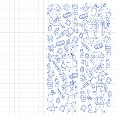 Küçük çocuklar ile vektör deseni. Çocuk hastalıkları, grip, hastalık İllüstrasyon