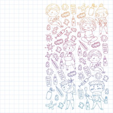 Küçük çocuklar ile vektör deseni. Çocuk hastalıkları, grip, hastalık İllüstrasyon