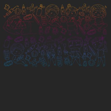 Küçük çocuklar ile vektör deseni. Çocuk hastalıkları, grip, hastalık İllüstrasyon