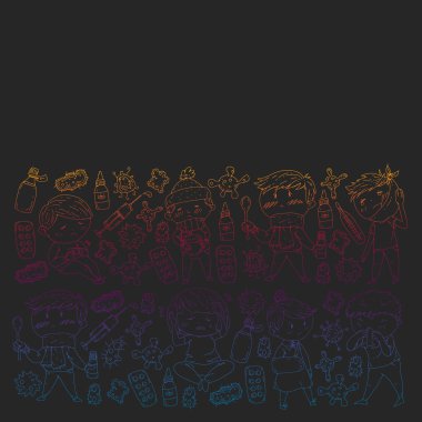 Küçük çocuklar ile vektör deseni. Çocuk hastalıkları, grip, hastalık İllüstrasyon