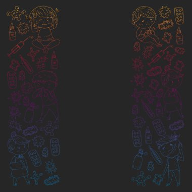 Küçük çocuklar ile vektör deseni. Çocuk hastalıkları, grip, hastalık İllüstrasyon