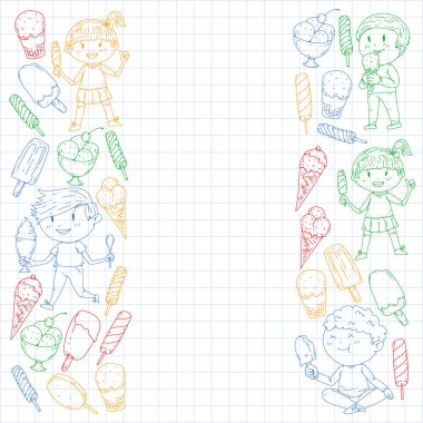 Küçük çocuklar dondurmayı yiyor. Yaz tatili. Tatlı meyve çöl.