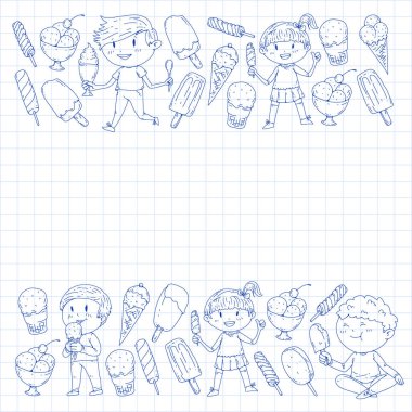 Küçük çocuklar dondurmayı yiyor. Yaz tatili. Tatlı meyve çöl.