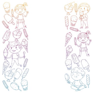 Küçük çocuklar dondurmayı yiyor. Yaz tatili. Tatlı meyve çöl.