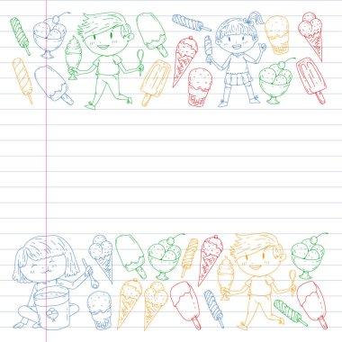 Küçük çocuklar dondurmayı yiyor. Yaz tatili. Tatlı meyve çöl.