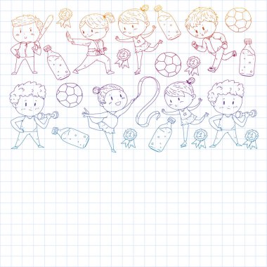 Çocuklar ve spor. Faaliyetlerin vektör illüstrasyonu. Futbol, futbol, koşu, dans, dövüş sanatları. Okulda ve anaokulunda sağlık.