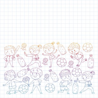 Çocuklar ve spor. Faaliyetlerin vektör illüstrasyonu. Futbol, futbol, koşu, dans, dövüş sanatları. Okulda ve anaokulunda sağlık.