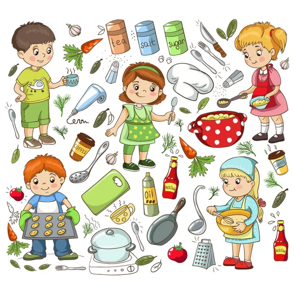 Chef kids and kitchen elements. Cooking class. — Stock Vector