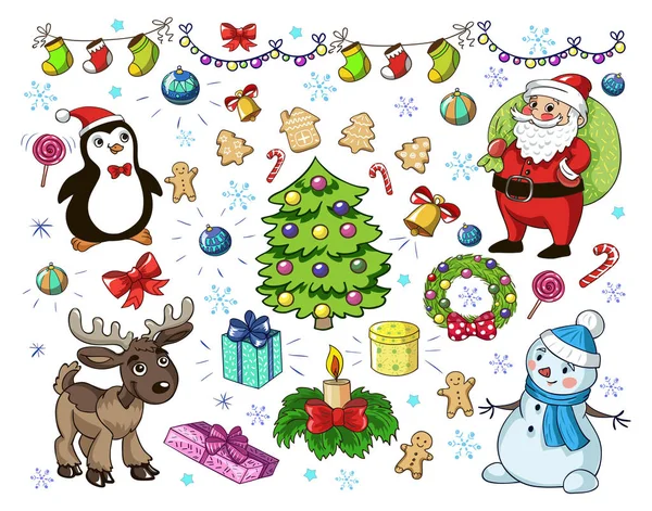 Joyeux Noël et bonne année. Père Noël, cerf, bonhomme de neige, pingouin. Modèle vectoriel . — Image vectorielle