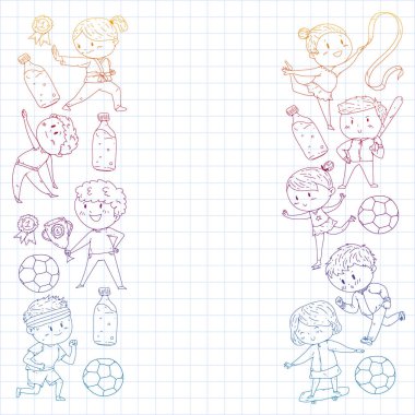 Çocuklar ve spor. Faaliyetlerin vektör illüstrasyonu. Futbol, futbol, koşu, dans, dövüş sanatları. Okulda ve anaokulunda sağlık.