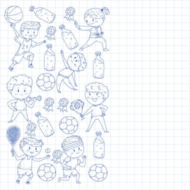 Çocuklar ve spor. Faaliyetlerin vektör illüstrasyonu. Futbol, futbol, koşu, dans, dövüş sanatları. Okulda ve anaokulunda sağlık.