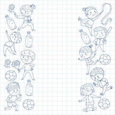 Çocuklar ve spor. Faaliyetlerin vektör illüstrasyonu. Futbol, futbol, koşu, dans, dövüş sanatları. Okulda ve anaokulunda sağlık.