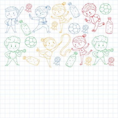 Çocuklar ve spor. Faaliyetlerin vektör illüstrasyonu. Futbol, futbol, koşu, dans, dövüş sanatları. Okulda ve anaokulunda sağlık.