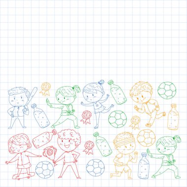 Çocuklar ve spor. Faaliyetlerin vektör illüstrasyonu. Futbol, futbol, koşu, dans, dövüş sanatları. Okulda ve anaokulunda sağlık.