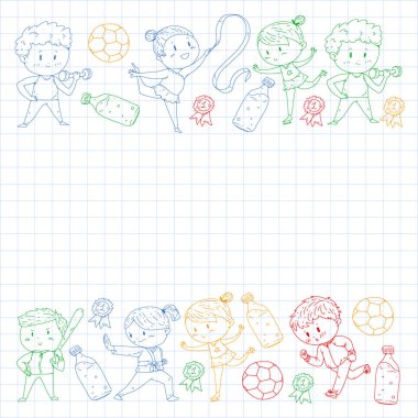 Çocuklar ve spor. Faaliyetlerin vektör illüstrasyonu. Futbol, futbol, koşu, dans, dövüş sanatları. Okulda ve anaokulunda sağlık.
