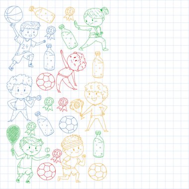 Çocuklar ve spor. Faaliyetlerin vektör illüstrasyonu. Futbol, futbol, koşu, dans, dövüş sanatları. Okulda ve anaokulunda sağlık.