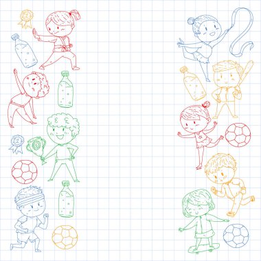 Çocuklar ve spor. Faaliyetlerin vektör illüstrasyonu. Futbol, futbol, koşu, dans, dövüş sanatları. Okulda ve anaokulunda sağlık.