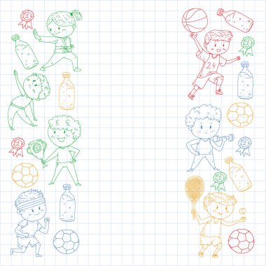 Çocuklar ve spor. Faaliyetlerin vektör illüstrasyonu. Futbol, futbol, koşu, dans, dövüş sanatları. Okulda ve anaokulunda sağlık.