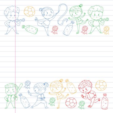 Çocuklar ve spor. Faaliyetlerin vektör illüstrasyonu. Futbol, futbol, koşu, dans, dövüş sanatları. Okulda ve anaokulunda sağlık.