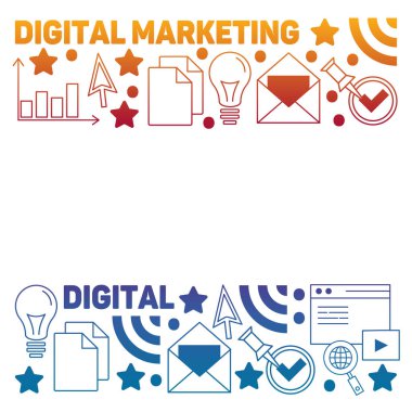 Vektör simgeleri ile dijital pazarlama deseni. Yönetim, start up, iş, internet teknolojisi.