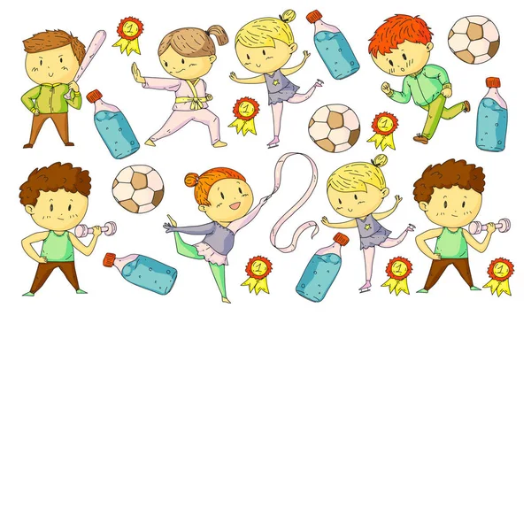 Children and sport. Vector illustration of activities. Football, soccer, running, dancing, martial arts. Health care in school and kindergarten. — Stock Vector