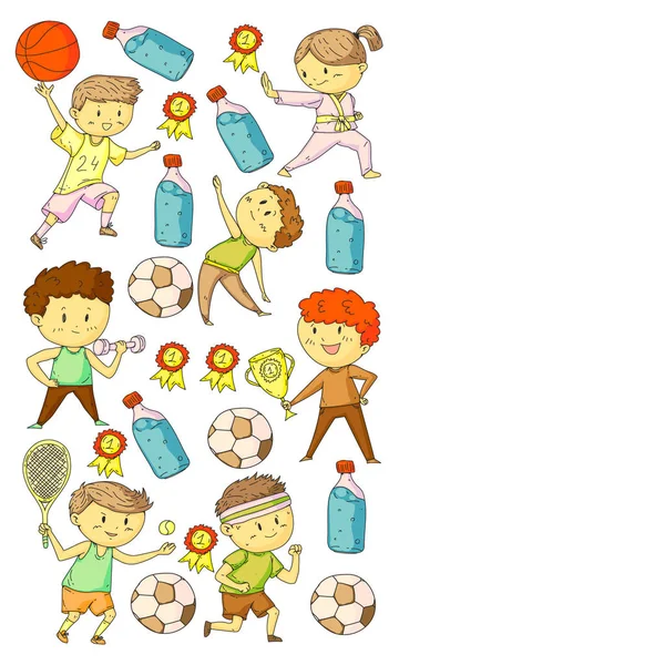 Niños y deporte. Ilustración vectorial de actividades. Fútbol, fútbol, correr, bailar, artes marciales. Atención médica en la escuela y el jardín de infantes . — Archivo Imágenes Vectoriales