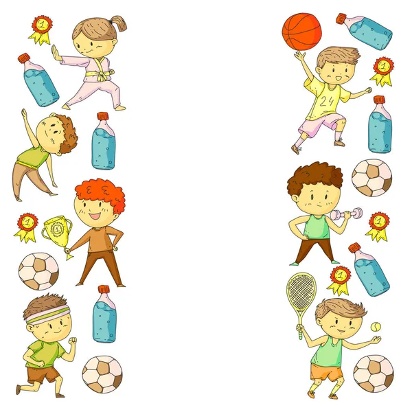 Діти та спорт. Векторні ілюстрації діяльності. Футбол, футбол, біг, танці, бойові мистецтва. Охорона здоров'я в школі та дитячому садку . — стоковий вектор