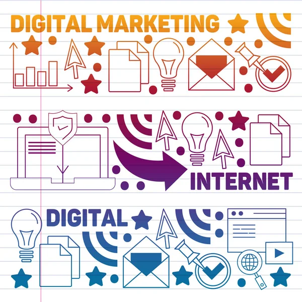 Modello di marketing digitale con icone vettoriali. Gestione, start up, business, tecnologia internet . — Vettoriale Stock