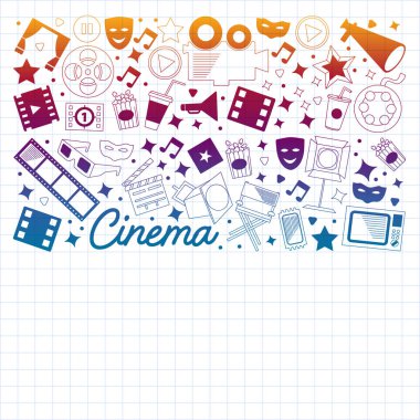Sinema simgeleri ile vektör deseni. Sinema, Tv, patlamış mısır, video klipler, müzikal