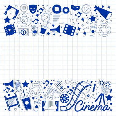 Sinema simgeleri ile vektör deseni. Sinema, Tv, patlamış mısır, video klipler, müzikal