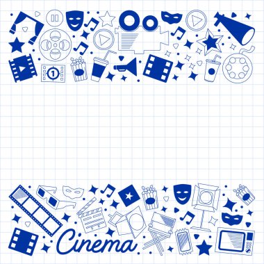 Sinema simgeleri ile vektör deseni. Sinema, Tv, patlamış mısır, video klipler, müzikal